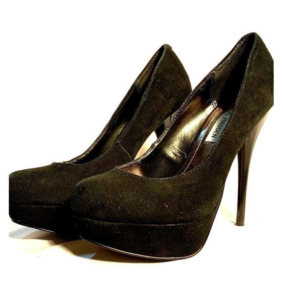 STEVE MADDEN BLACK SUEDE w 5” BLACK ACRYLIC HEEL 7 - Picture 1 of 7